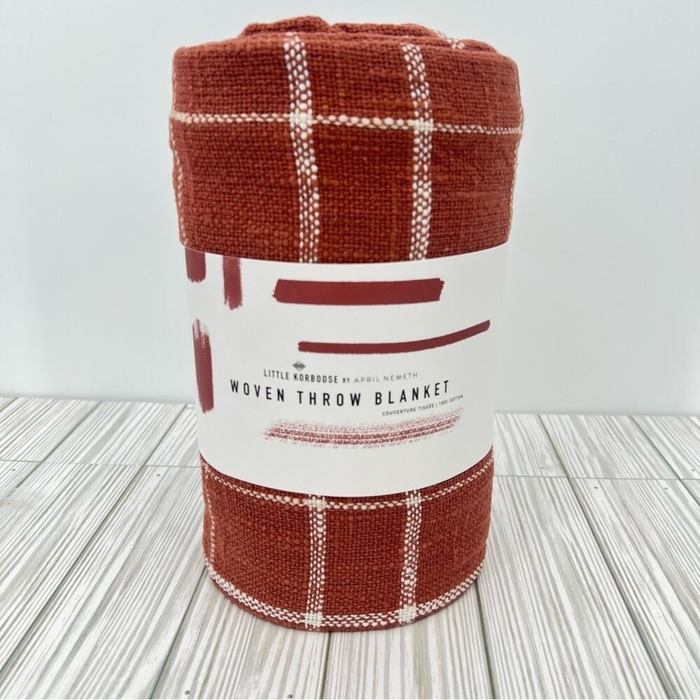Little Korboose burnt orange plaid woven 100% cotton throw blanket 50" x 60" NEW
